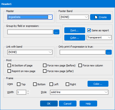 The dialog that is displayed when creating a Group Band.  Various fields are available for configuring the band.